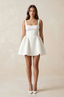 Square Neck Satin A - Line Mini Wedding Dress in White - SHE IS ME Wedding Dresses