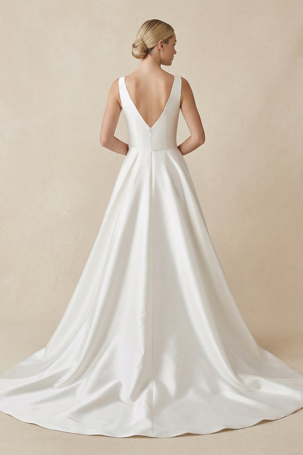 Square Neck Satin A - Line Ruched Wedding Dress in White - SHE IS ME Wedding Dresses