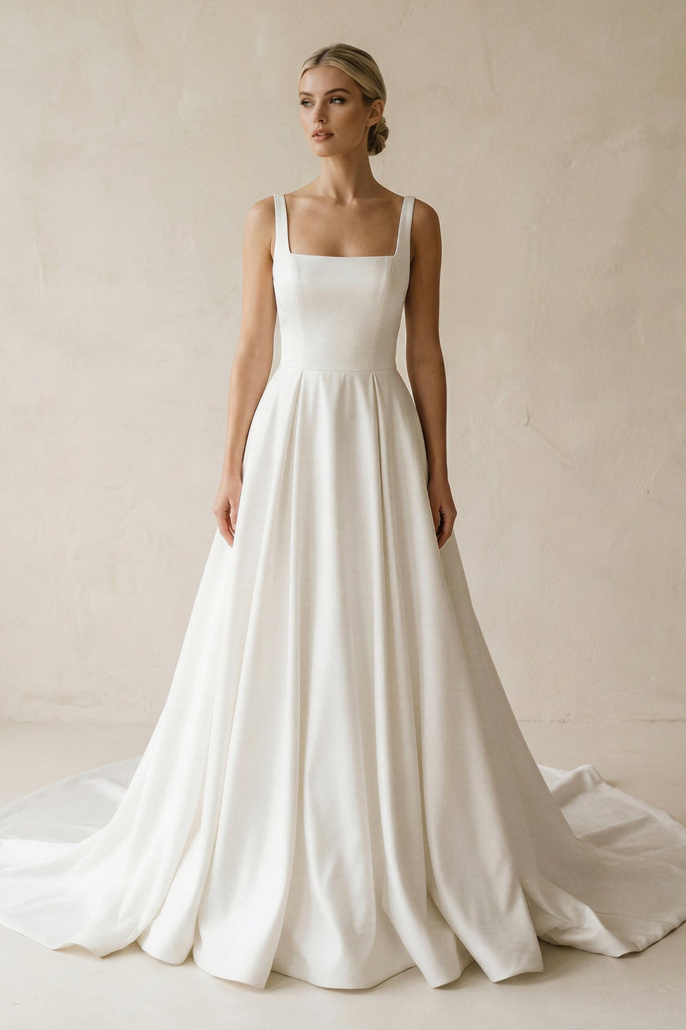 Square Neck Satin A - Line Ruched Wedding Dress in White - SHE IS ME Wedding Dresses