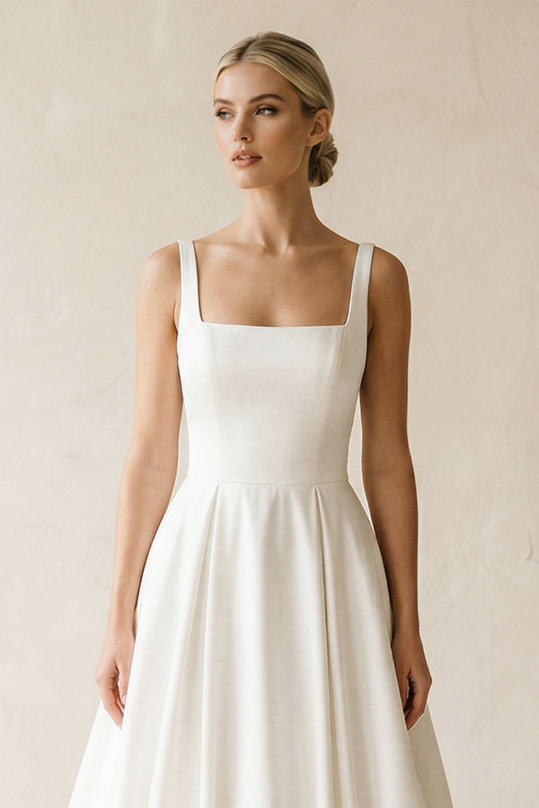 Square Neck Satin A - Line Ruched Wedding Dress in White - SHE IS ME Wedding Dresses