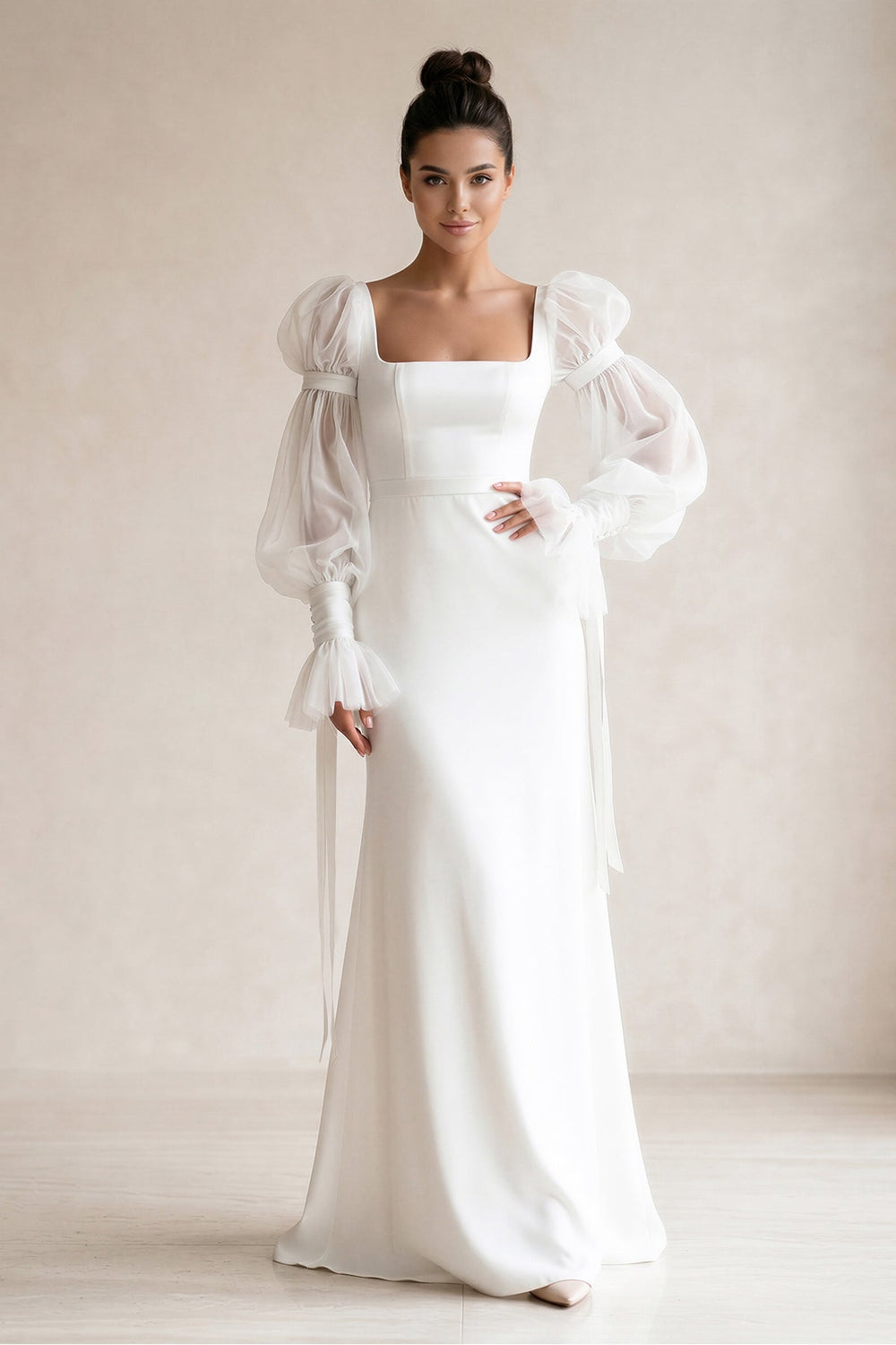 Square Neck Satin sheath Long Sleeves Wedding Dress in White - SHE IS ME Wedding Dresses