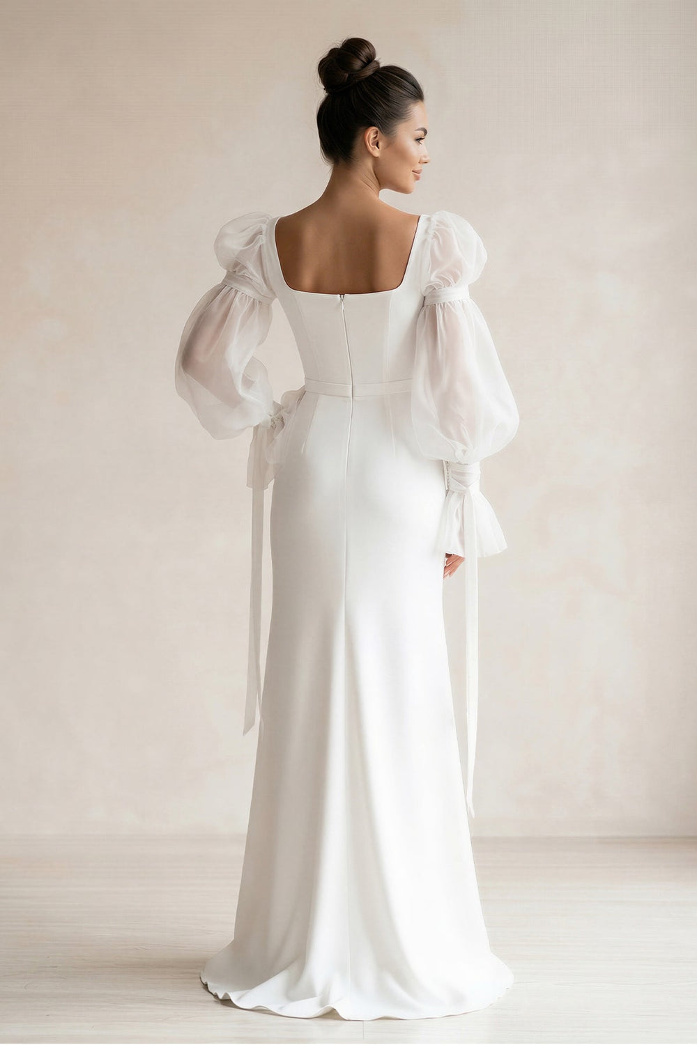 Square Neck Satin sheath Long Sleeves Wedding Dress in White - SHE IS ME Wedding Dresses