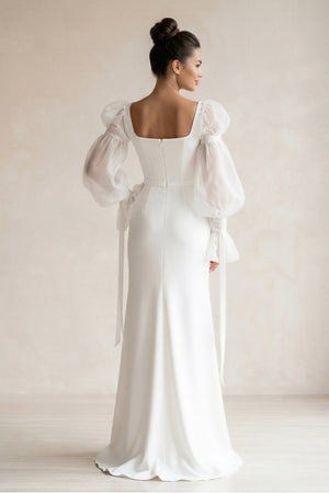 Square Neck Satin sheath Long Sleeves Wedding Dress in White - SHE IS ME Wedding Dresses