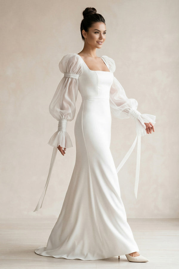 Square Neck Satin sheath Long Sleeves Wedding Dress in White - SHE IS ME Wedding Dresses