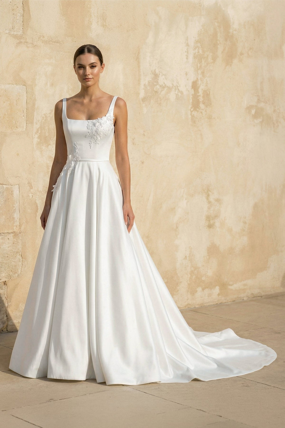 Square Neck Satin Wedding Dress With Appliques in White - SHE IS ME Wedding Dresses