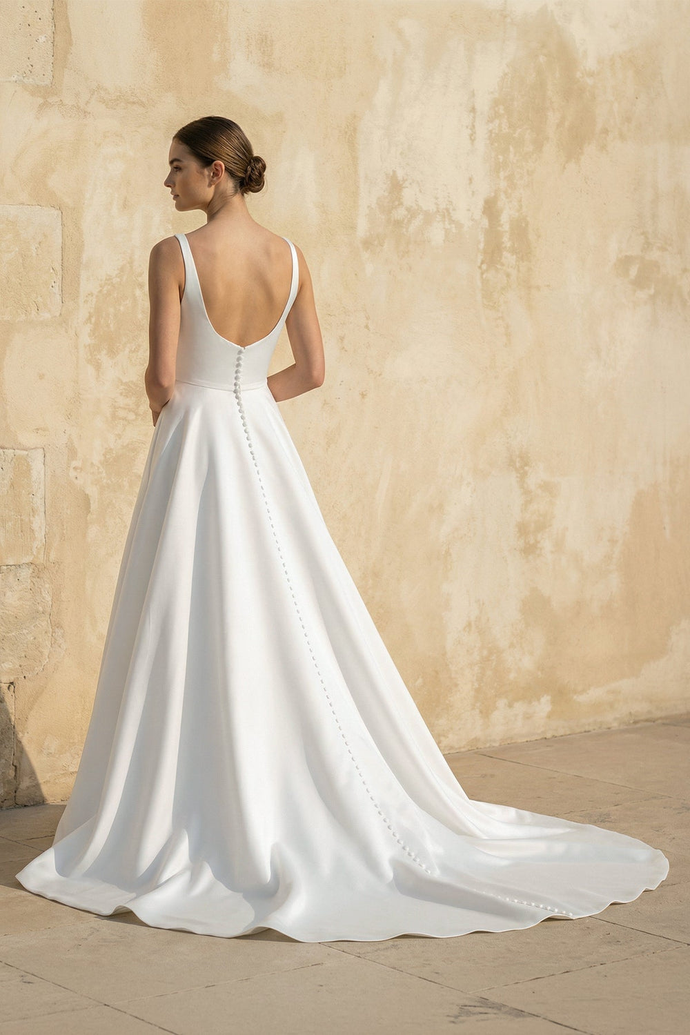 Square Neck Satin Wedding Dress With Appliques in White - SHE IS ME Wedding Dresses