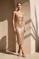 Square Neck Sequins Midi Dress in Champagne - SHE IS ME