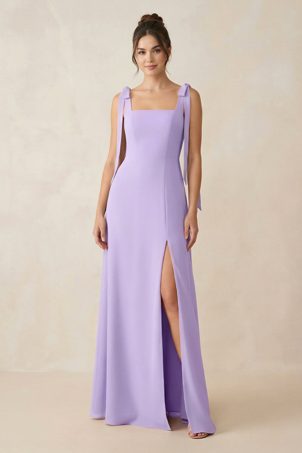 Square Neck Sheath Chiffon Bridesmaid Dress with Bow in Lavender - SHE IS ME BRIDESMAID DRESSES