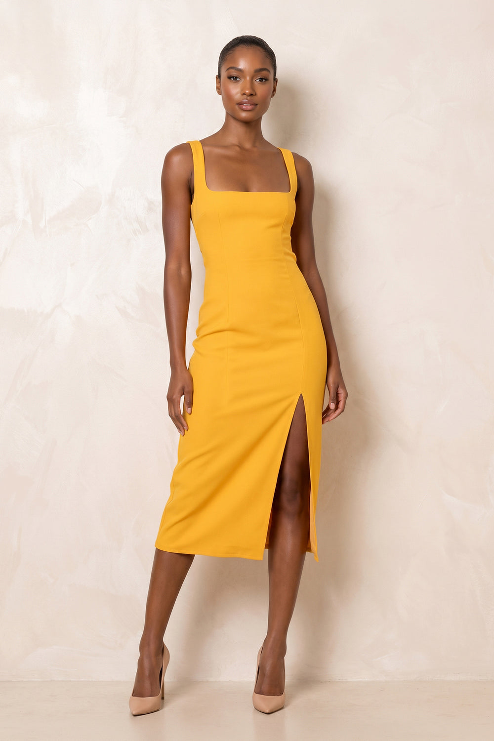 Square Neck Sheath Midi Dress With Slit in Yellow– SHE IS ME Dresses
