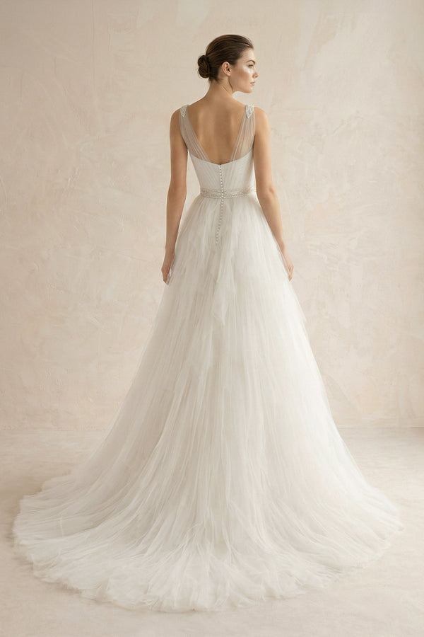 Square Neck Tulle A - Line Wedding Dress with Beaded - SHE IS ME Wedding Dresses