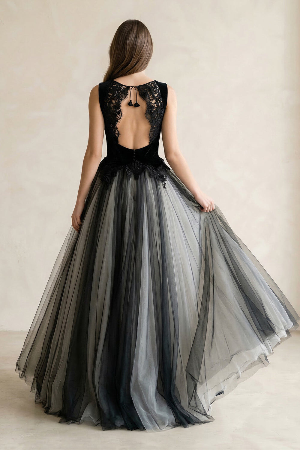 Square Neck Tulle Lace A - Line Wedding Dress in Black - SHE IS ME Wedding Dresses