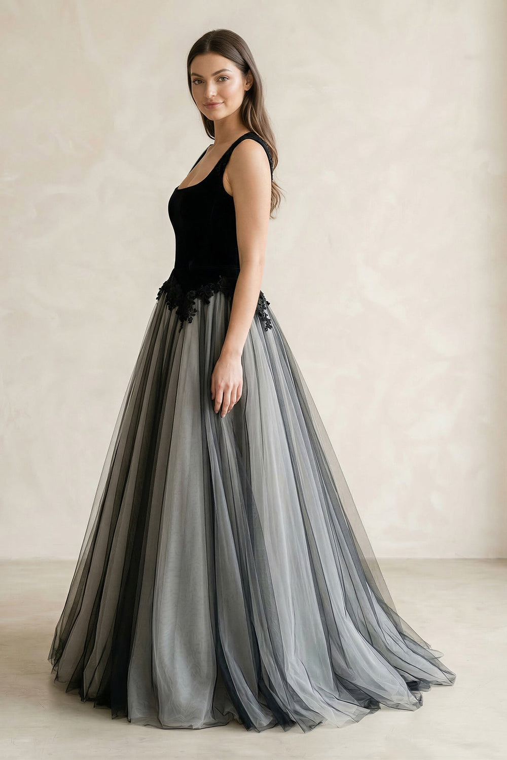 Square Neck Tulle Lace A - Line Wedding Dress in Black - SHE IS ME Wedding Dresses