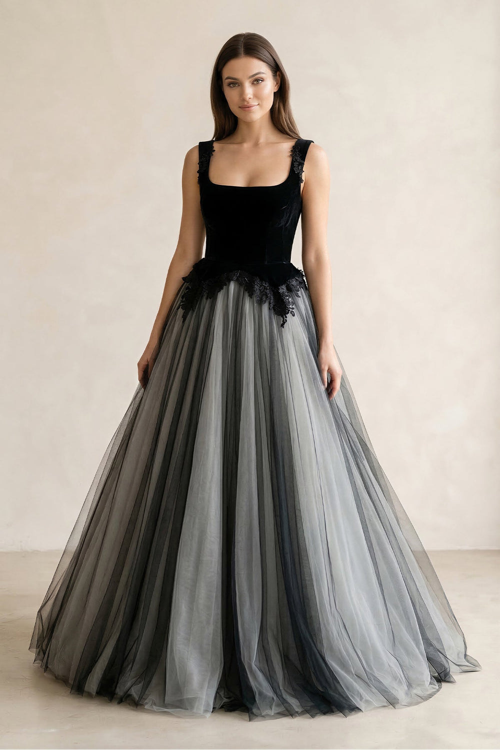 Square Neck Tulle Lace A - Line Wedding Dress in Black - SHE IS ME Wedding Dresses