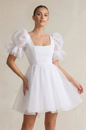 Square Neck Tulle Puff Sleeve A - Line Wedding Dress in White - SHE IS ME Wedding Dresses