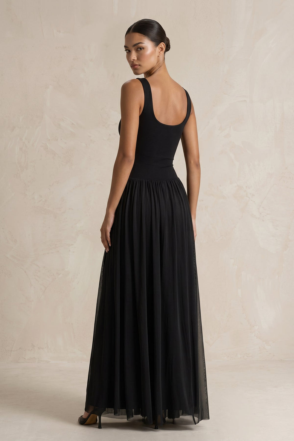 Square Neck Tulle Sheath Pleated Wedding Dress in Black - SHE IS ME Wedding Dresses