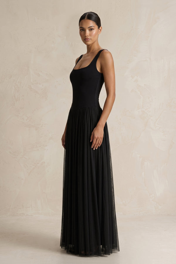 Square Neck Tulle Sheath Pleated Wedding Dress in Black - SHE IS ME Wedding Dresses