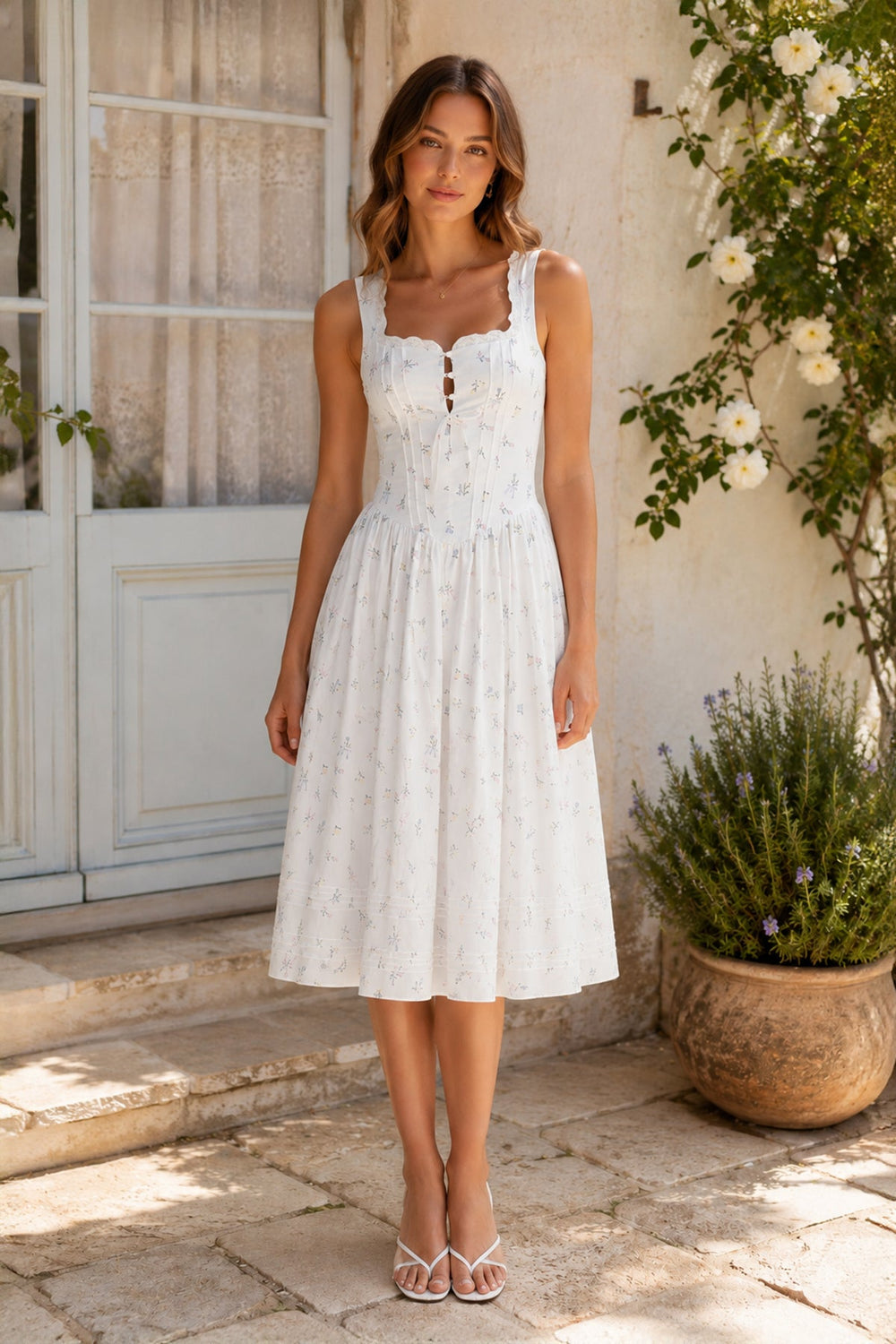 Square Neck Vintage Rose Printed Cotton Midi Dress in White - SHE IS ME Dresses