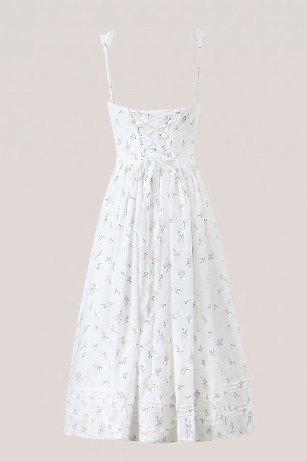 Square Neck Vintage Rose Printed Cotton Midi Dress in White - SHE IS ME Dresses