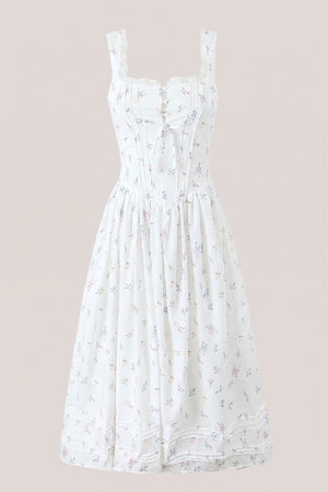 Square Neck Vintage Rose Printed Cotton Midi Dress in White - SHE IS ME Dresses