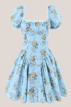 Square Neck Vintage Rose Printed Cotton Mini Dress in Blue– SHE IS ME Dresses