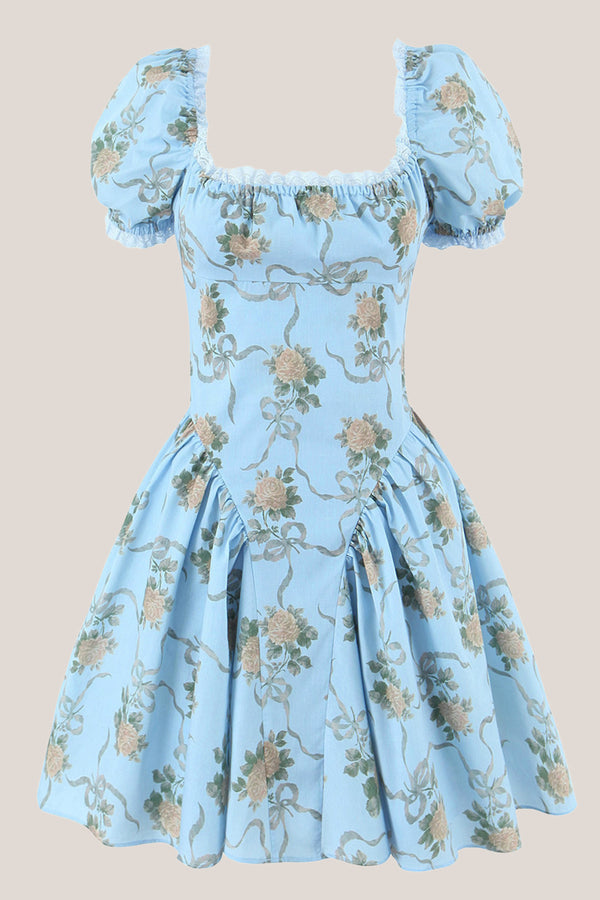 Square Neck Vintage Rose Printed Cotton Mini Dress in Blue– SHE IS ME Dresses