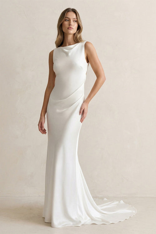 Straight Neck Satin Mermaid Wedding Dress in White - SHE IS ME Wedding Dresses