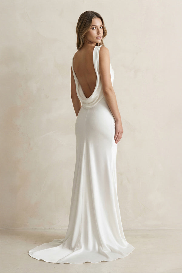 Straight Neck Satin Mermaid Wedding Dress in White - SHE IS ME Wedding Dresses