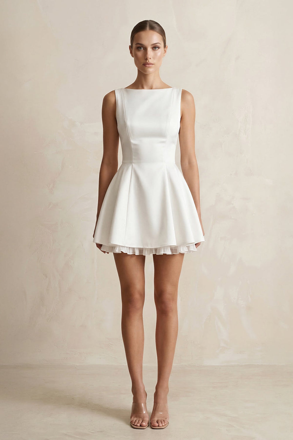 Straight Neck Satin Ruffled Mini Wedding Dress in White - SHE IS ME Wedding Dresses