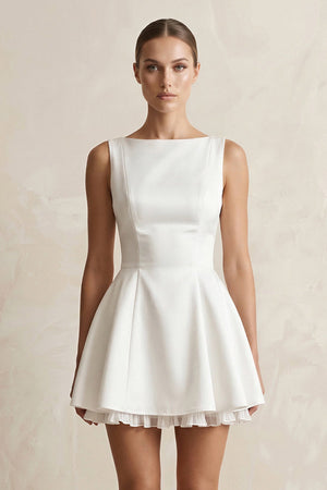 Straight Neck Satin Ruffled Mini Wedding Dress in White - SHE IS ME Wedding Dresses
