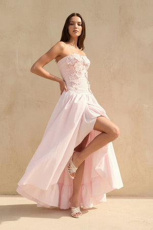 Strapless 3D Floral Appliques Gown in Pink - SHE IS ME