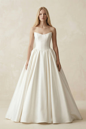 Strapless A - Line Ball Gown Satin Corset Wedding Dress in Ivory - SHE IS ME Wedding Dresses