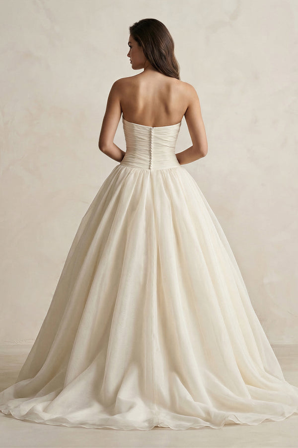 Strapless A - Line Ball - Gown Tulle Ruched Wedding Dress in Ivory - SHE IS ME Wedding Dresses