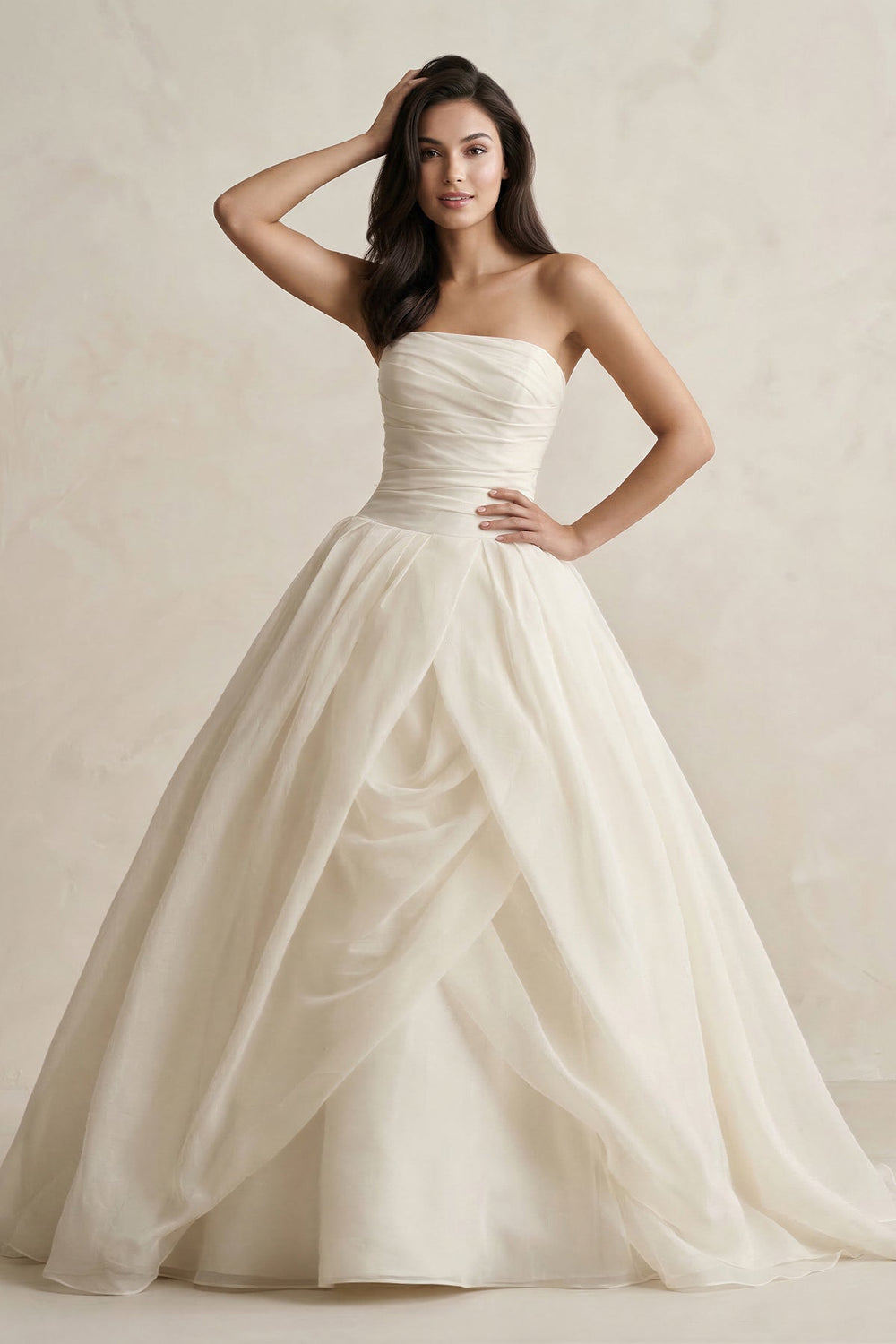 Strapless A - Line Ball - Gown Tulle Ruched Wedding Dress in Ivory - SHE IS ME Wedding Dresses