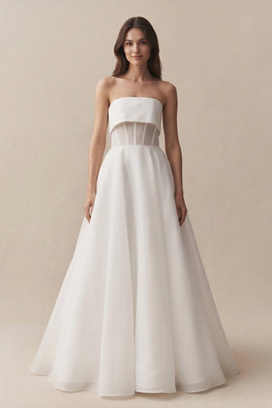 Strapless A - Line Chiffon Ruched Wedding Dress in White - SHE IS ME Wedding Dresses