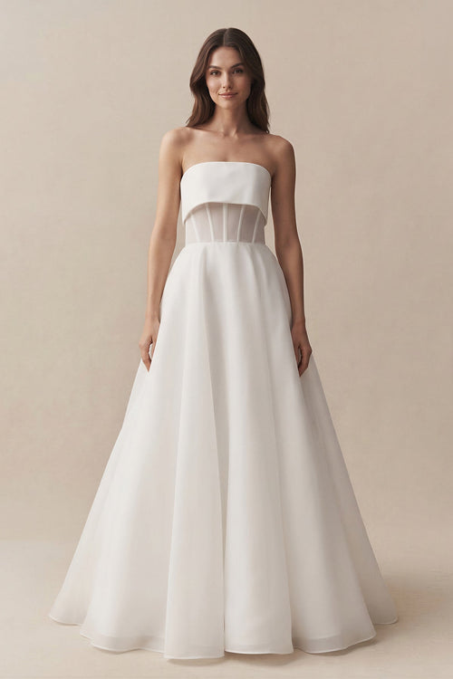 Strapless A - Line Chiffon Ruched Wedding Dress in White - SHE IS ME Wedding Dresses