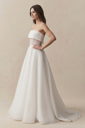 Strapless A - Line Chiffon Ruched Wedding Dress in White - SHE IS ME Wedding Dresses