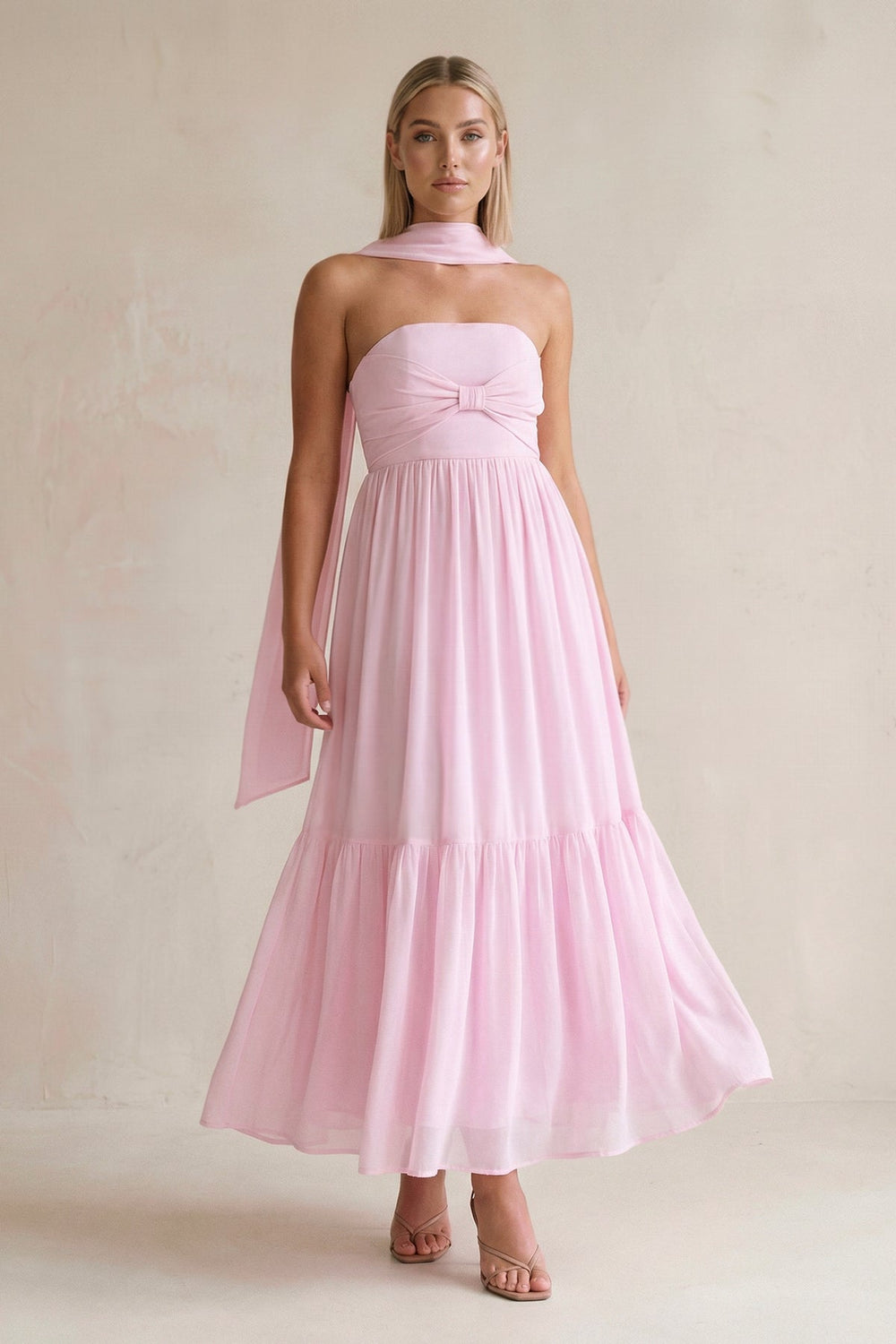 Strapless A - Line Chiffon Ruffled Bridesmaid Dress With Ribbon in Candy Pink - SHE IS ME Bridesmaid Dresses
