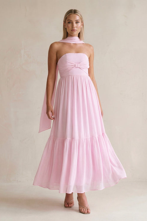 Strapless A - Line Chiffon Ruffled Bridesmaid Dress With Ribbon in Candy Pink - SHE IS ME Bridesmaid Dresses