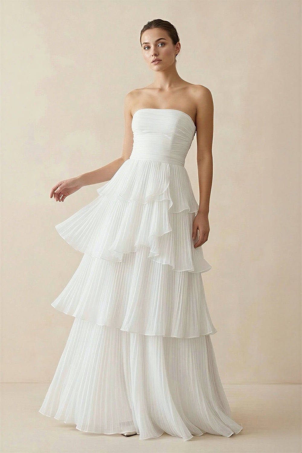 Strapless A Line Chiffon Wedding Dress in White - SHE IS ME Wedding Dresses