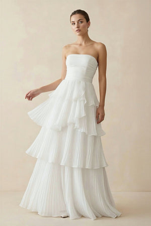 Strapless A Line Chiffon Wedding Dress in White - SHE IS ME Wedding Dresses