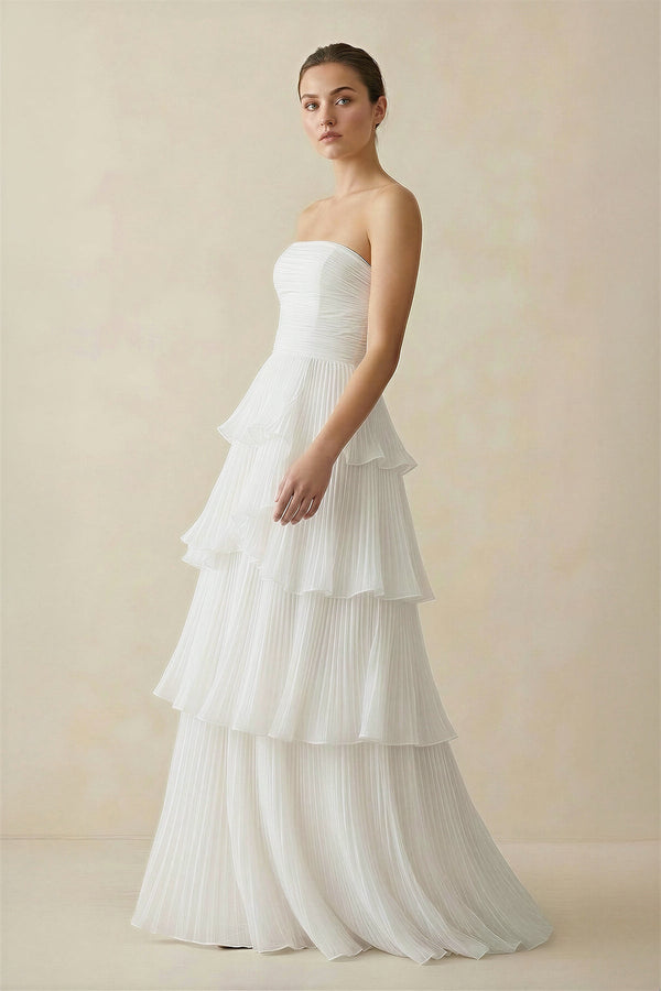 Strapless A Line Chiffon Wedding Dress in White - SHE IS ME Wedding Dresses