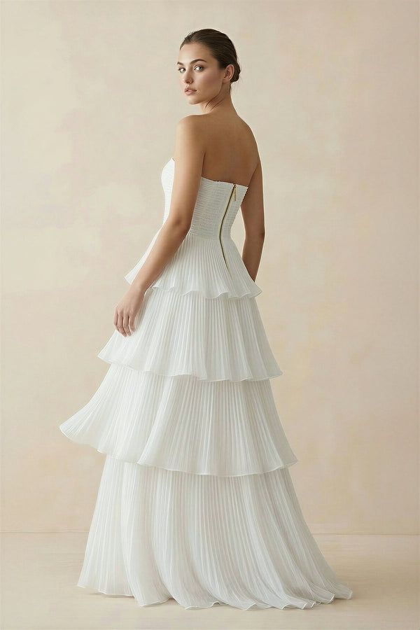 Strapless A Line Chiffon Wedding Dress in White - SHE IS ME Wedding Dresses