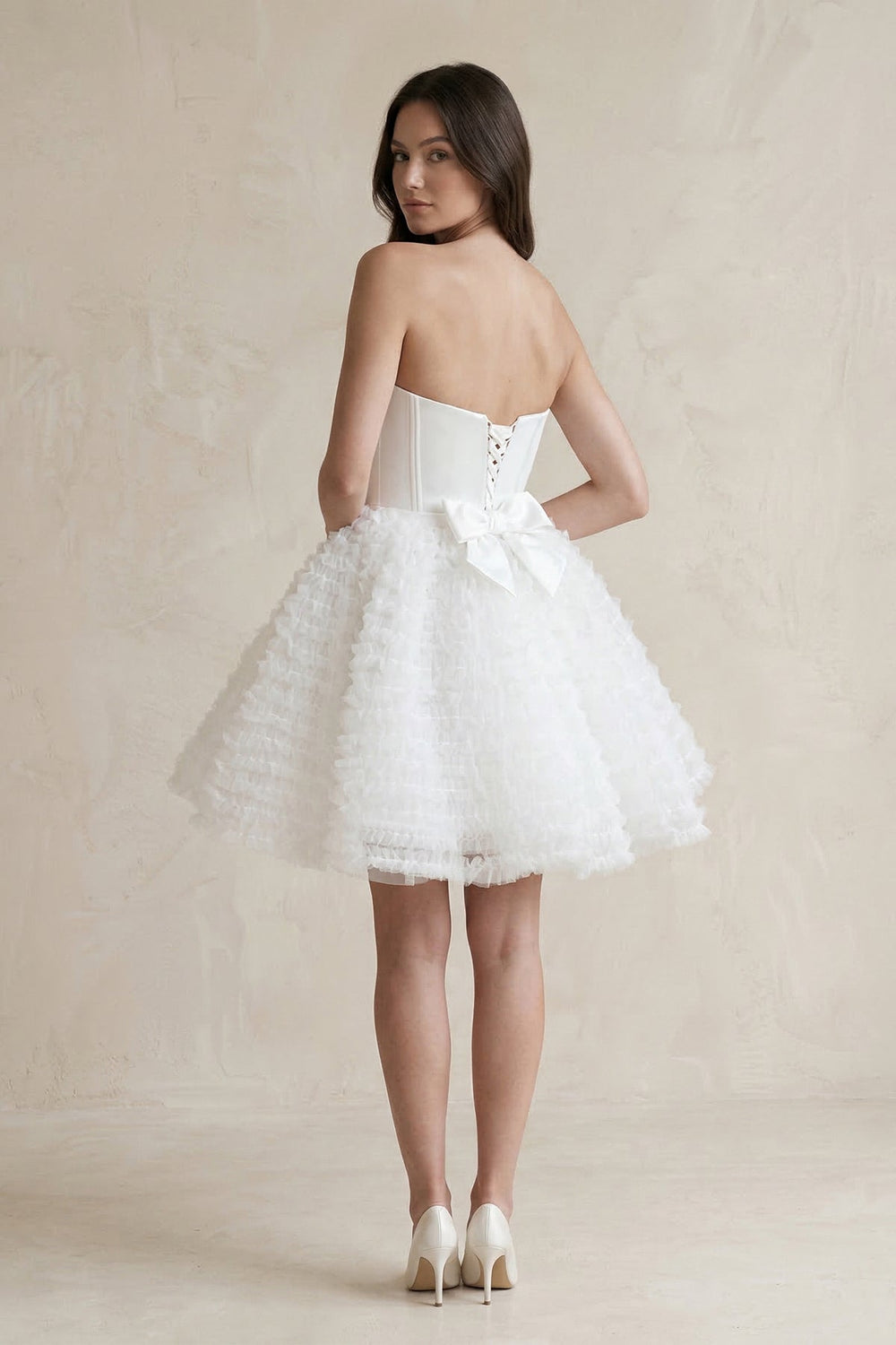 Strapless A - Line Corset Ruffled Tulle Wedding Dress in White - SHE IS ME Wedding Dresses