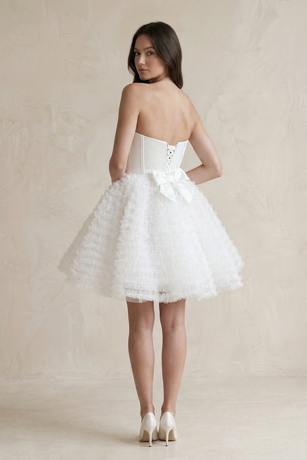 Strapless A - Line Corset Ruffled Tulle Wedding Dress in White - SHE IS ME Wedding Dresses