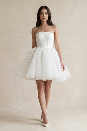 Strapless A - Line Corset Ruffled Tulle Wedding Dress in White - SHE IS ME Wedding Dresses