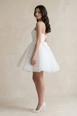 Strapless A - Line Corset Ruffled Tulle Wedding Dress in White - SHE IS ME Wedding Dresses