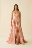 Strapless A Line Floral Maxi Dress With Slit in Pink - SHE IS ME PROM DRESSES