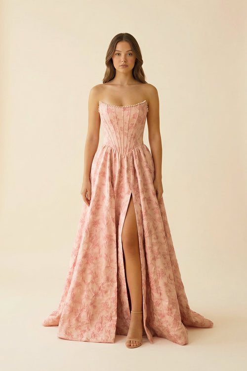 Strapless A Line Floral Maxi Dress With Slit in Pink - SHE IS ME PROM DRESSES