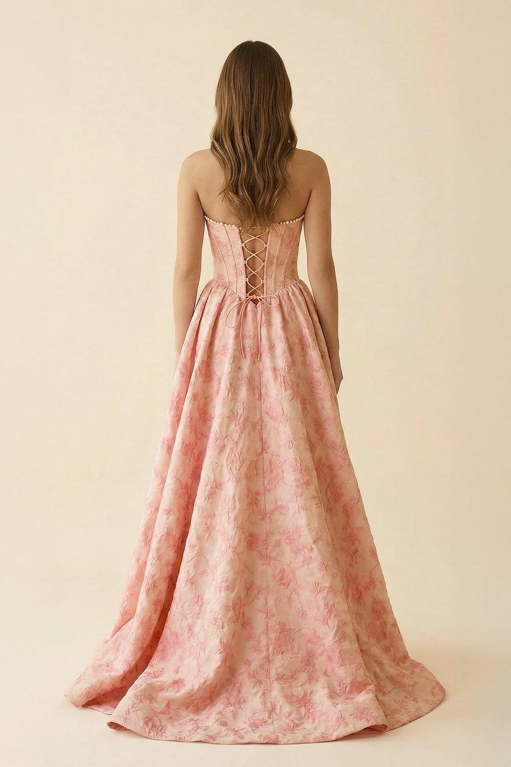 Strapless A Line Floral Maxi Dress With Slit in Pink - SHE IS ME PROM DRESSES