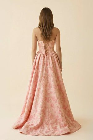 Strapless A Line Floral Maxi Dress With Slit in Pink - SHE IS ME PROM DRESSES